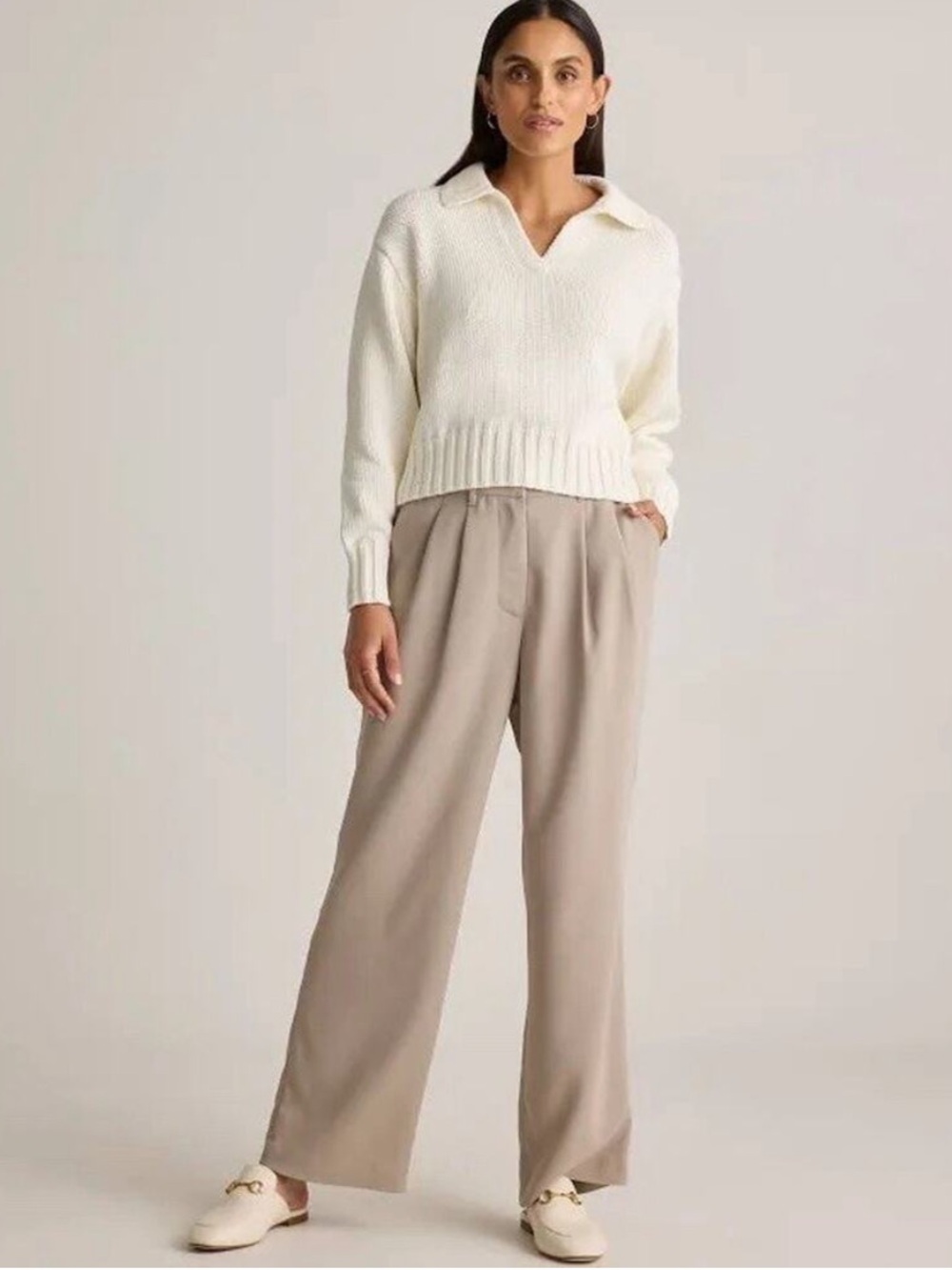 QUINCE stretch crepe pleated wide leg pants trousers morel taupe gray size 10